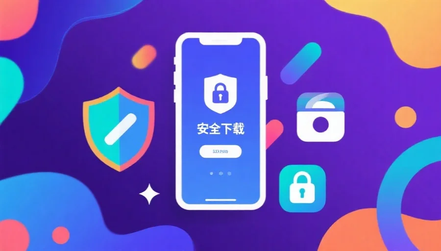 一张抽象风格的移动安全提示图示，包含手机屏幕上显示“安全下载”字样，周围有盾牌和锁的图标